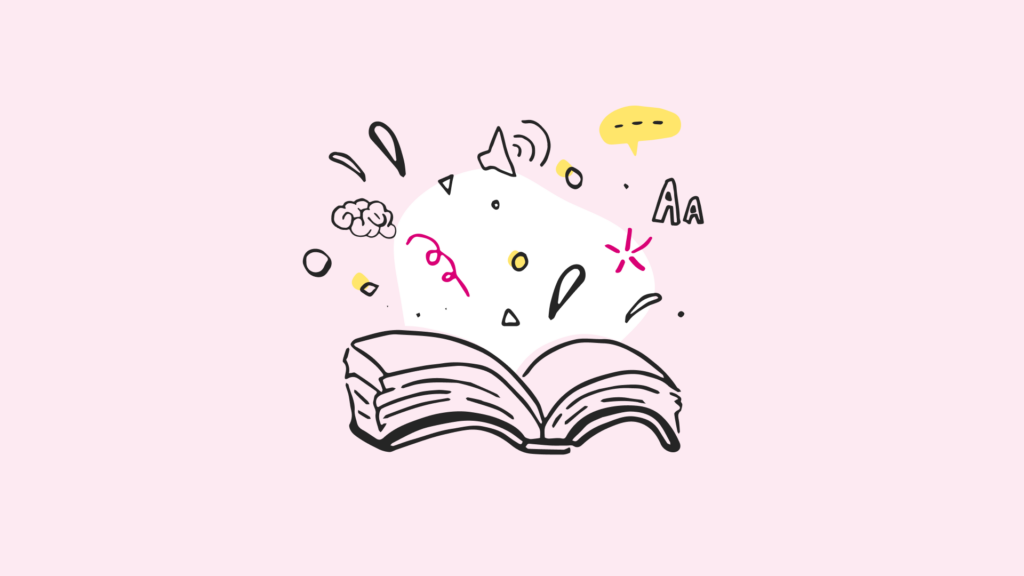The image features a whimsical, cartoon-style drawing around an open book on a solid pink background. From the book, a burst of symbols and objects is flying out, suggesting a magical or imaginative event. These symbols include a question mark, an exclamation point, a musical note, a speech bubble with "Aa" indicating text or dialogue, a small cloud suggesting an idea or thought, and various abstract shapes and squiggles.