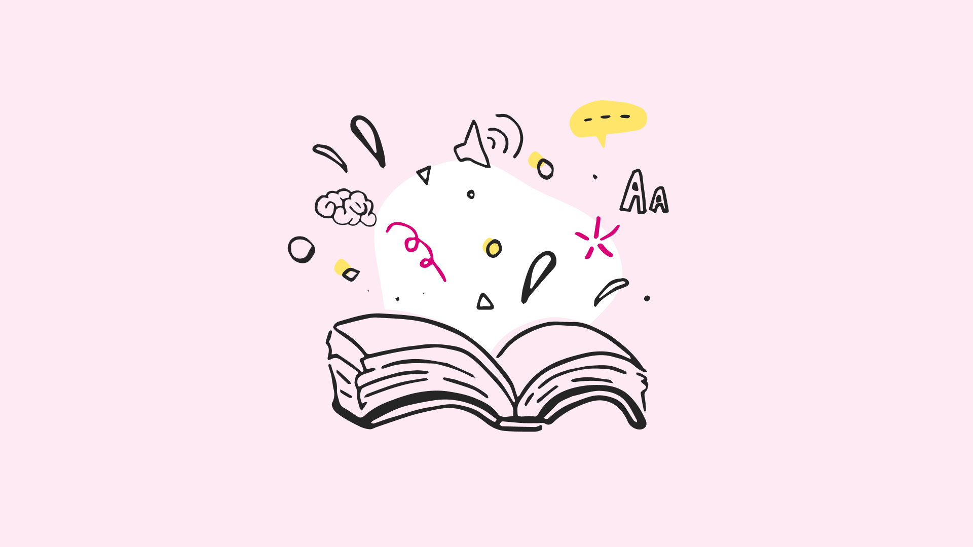 What’s new in WCAG 2.2 The image features a whimsical, cartoon-style drawing around an open book on a solid pink background. From the book, a burst of symbols and objects is flying out, suggesting a magical or imaginative event. These symbols include a question mark, an exclamation point, a musical note, a speech bubble with "Aa" indicating text or dialogue, a small cloud suggesting an idea or thought, and various abstract shapes and squiggles.