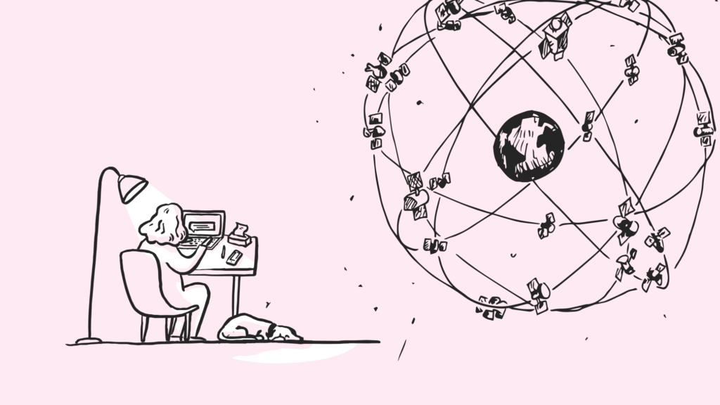 Woman using a laptop at a desk with a dog lying at her feet. A globe illustration representing people working from home and connecting all around the world