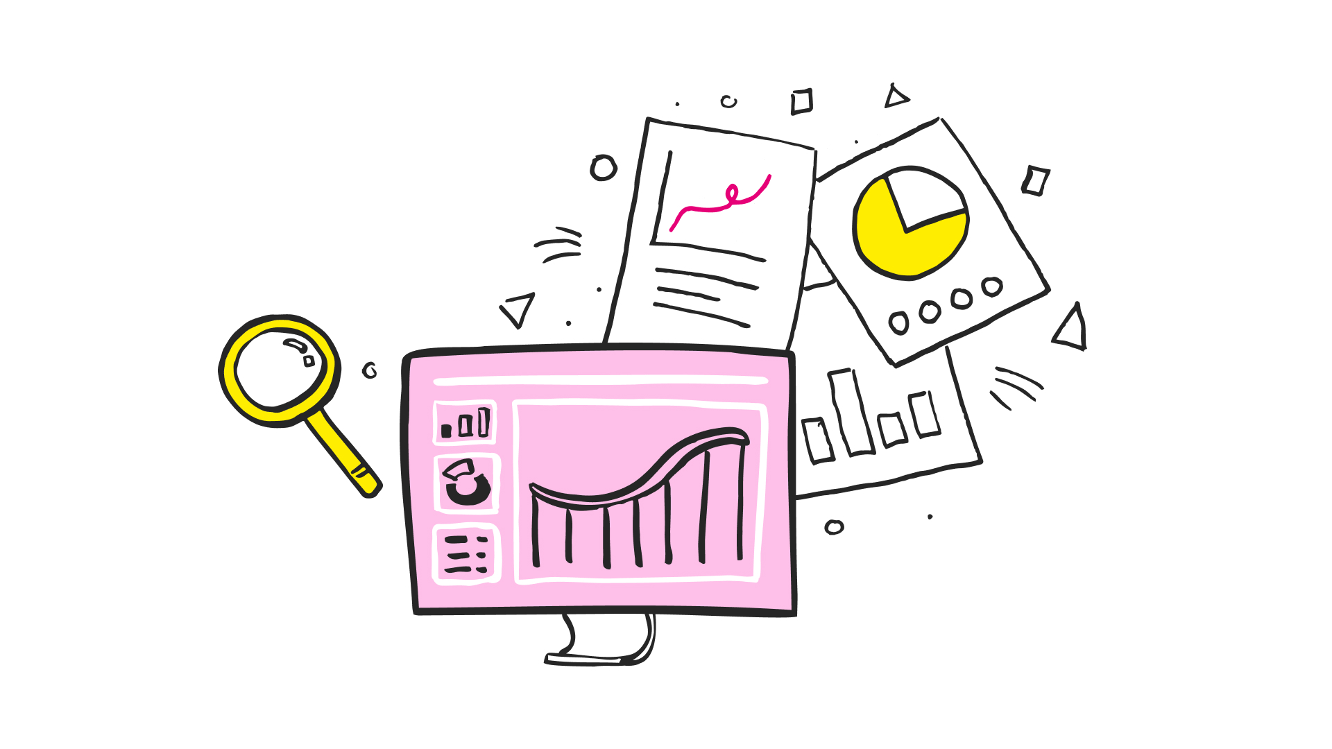 Four steps to completing usability testing analysis Sketch of various graphs and measurements, with a magnifying glass