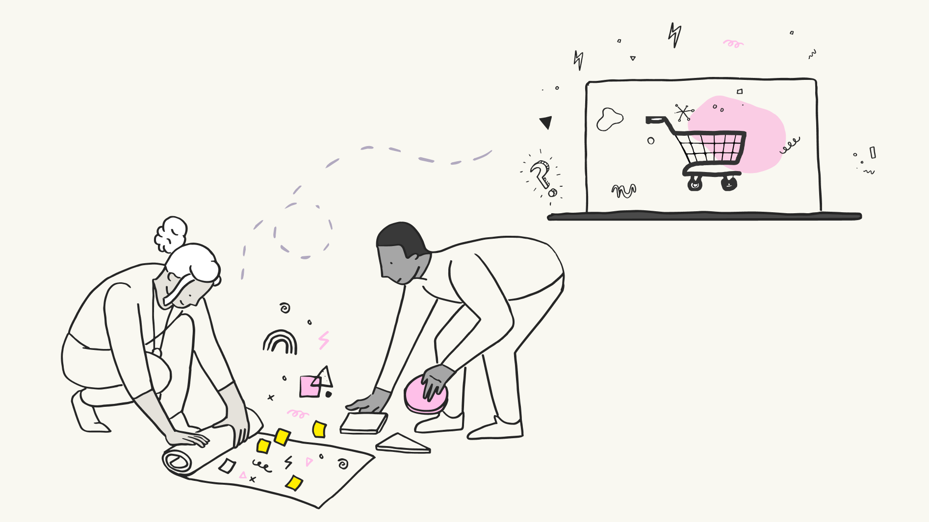 10 Essential Checkout UX Best Practices The image illustrates two individuals engaging in a playful activity with toys and building blocks on the floor, with one person holding a toy in hand while the other prepares to place a piece. In the background, there is a digital display showing a simplified online shopping cart icon, suggesting a connection between the playful, problem-solving approach on the floor and improving online user experiences, such as the checkout process. This visual metaphor implies that the process of enhancing a website's checkout system can be creative and collaborative, much like building with blocks.