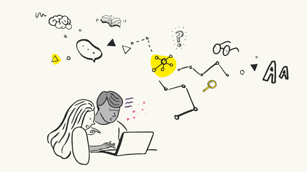 An illustration for a blog header, featuring two people collaborating over a laptop on the left. The rest of the image is scattered with line drawings that evoke brainstorming and problem-solving, such as speech bubbles, a lightbulb, question mark, book, magnifying glass, and various abstract shapes. The central drawing is a stylized atom or network connection, symbolizing connectivity or a central idea. This image is designed to represent the concepts discussed in the blog about WAI-ARIA document landmark roles