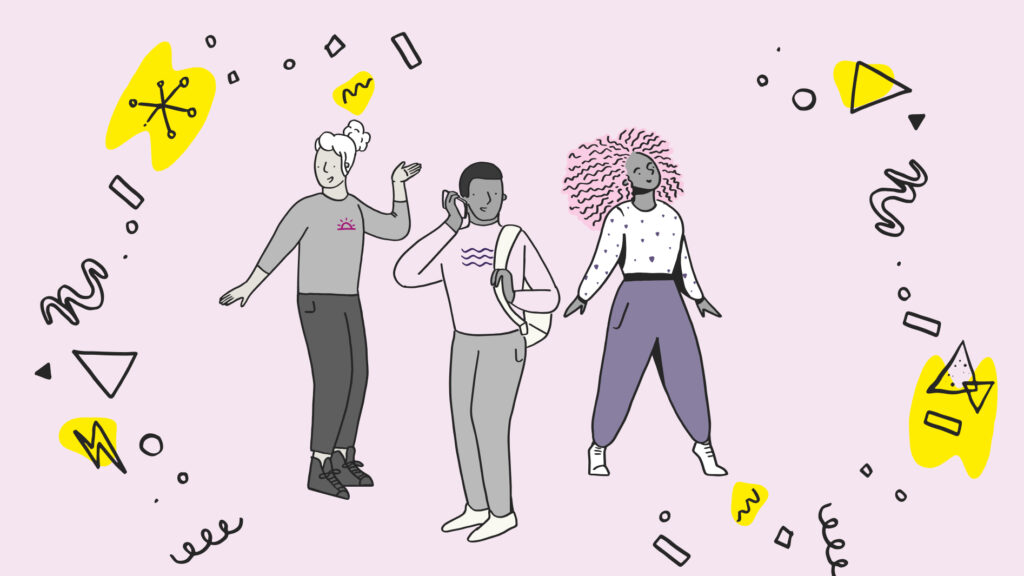 Illustration with a pink background featuring three stylized characters. On the left, a person with a top knot hairdo is waving, wearing a grey sweater with a pink logo, and grey pants. In the center, a person with short hair is listening to music with headphones, wearing a white shirt with a wavy blue design, cream pants, and carrying a white bag. On the right, a person with pink curly hair is standing with one hand on their hip, wearing a white shirt with black dots, and purple pants. Around them are scattered whimsical doodles, including abstract shapes, squiggles, and symbols such as a yellow lightning bolt and atom.