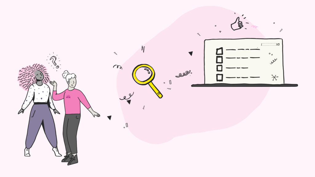 Illustration showing two people, one with curly hair and one with short hair, standing on the left. A magnifying glass and arrows point towards a computer screen on the right, which displays a faceted navigation menu with checkboxes and filter options.
