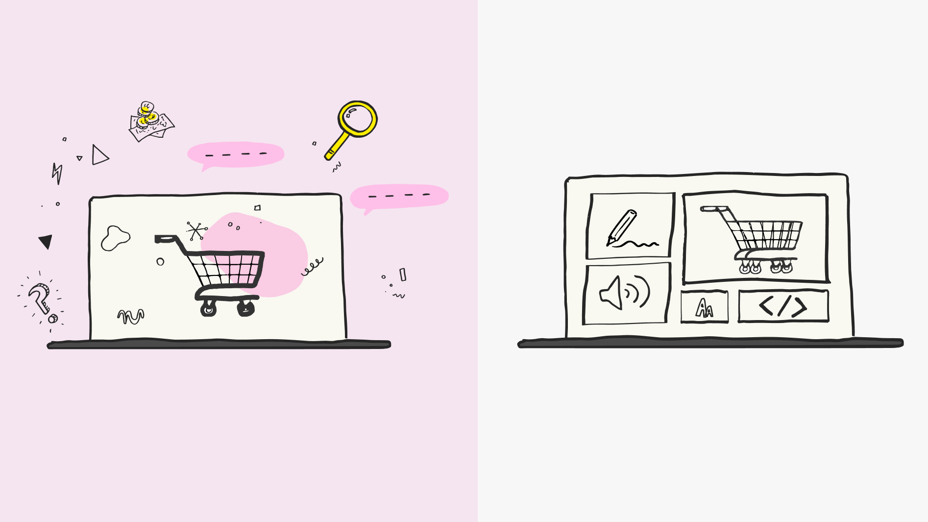 Choosing the right CMS A whimsical illustration of a laptop with a shopping cart on the screen, surrounded by various doodles including a magnifying glass, speech bubbles, a lightbulb, question mark, and abstract shapes. Represents the concept of searching and shopping for digital tools or services.