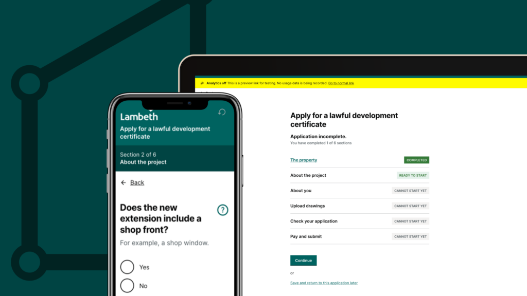 Lambeth Council – Embedding user-centred principles in planning services for local councils Lambeth Council website shown on a smartphone screen and on a desktop