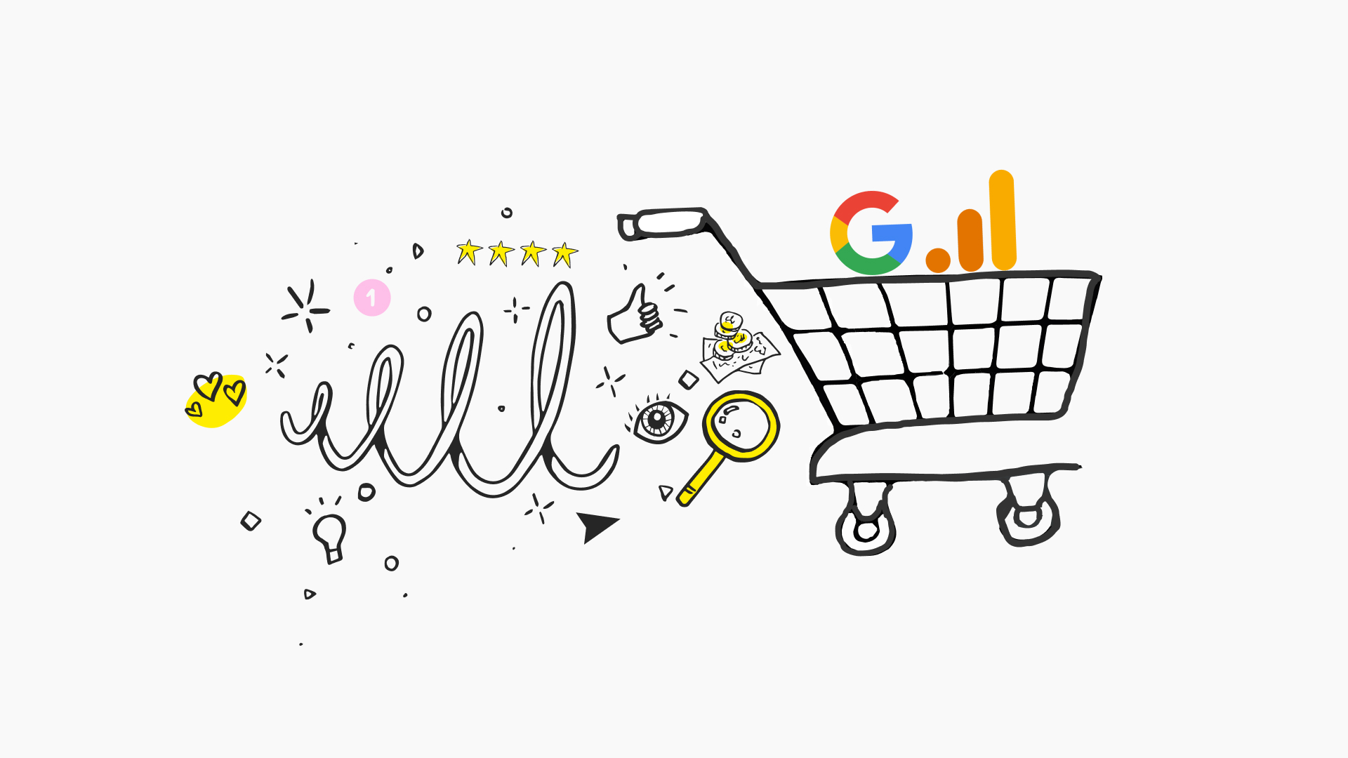 The Definitive Guide to Enhanced Ecommerce in GA4 An illustration of a whimsical shopping cart doodle with various internet and social media symbols. The cart is heading to the right, filled with symbols like the Google logo, a magnifying glass, a thumbs-up icon, a piece of paper with a chart, and a star rating of five stars. Abstract designs, such as hearts, stars, and dots, are scattered around, signifying creativity and online engagement. The overall image gives the impression of a fun and interactive online shopping or search experience.