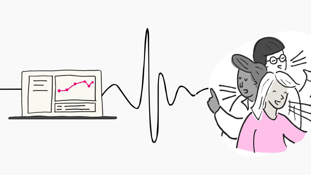 The image depicts a simplistic and playful illustration in a monochrome sketch style with hints of pink on a white background. On the left side, there's a computer screen with a rising trend graph, symbolising increasing success or progress. The graph's line extends to the right, turning into a heartbeat monitor line that peaks in the centre, suggesting vitality or a critical moment. On the right side, three characters are shown, all appearing enthusiastic or engaged in discussion. The overall feel is lighthearted, with an educational or informative undertone, possibly illustrating a successful project or campaign that is being positively received.