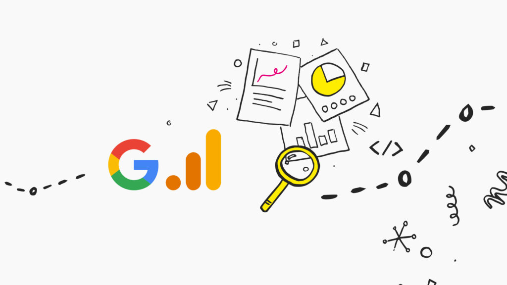 A doodle-style illustration featuring the Google logo with the second 'g' represented as a bar chart. To the right, there's a magnifying glass focusing on what seems to be a graph within a document, accompanied by various mathematical symbols and arrows, suggesting data analysis or research.