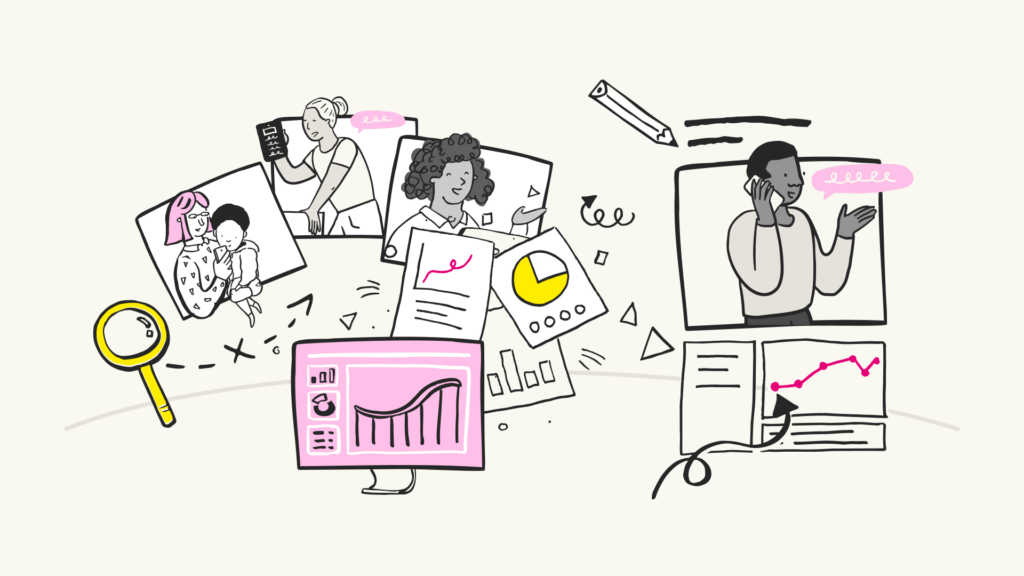 Sketch representing personas, with pictures of different people and a graph representing analysis