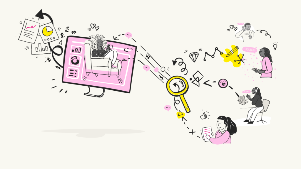 Sketches of: a person sitting on an armchair, various graphs and data, magnifying glass, people using laptops and talking on the phone