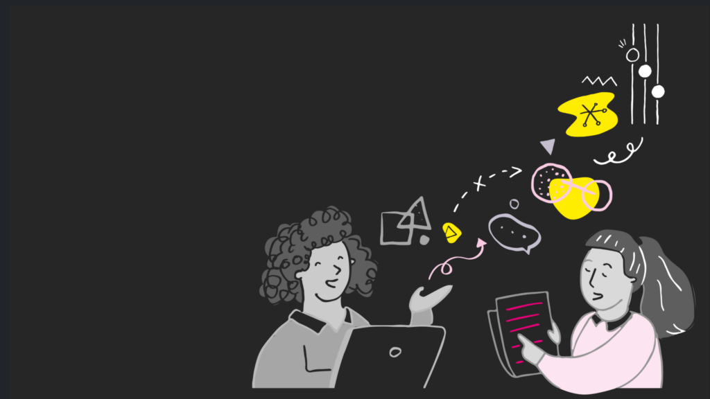 Sketch of two people brainstorming and chatting