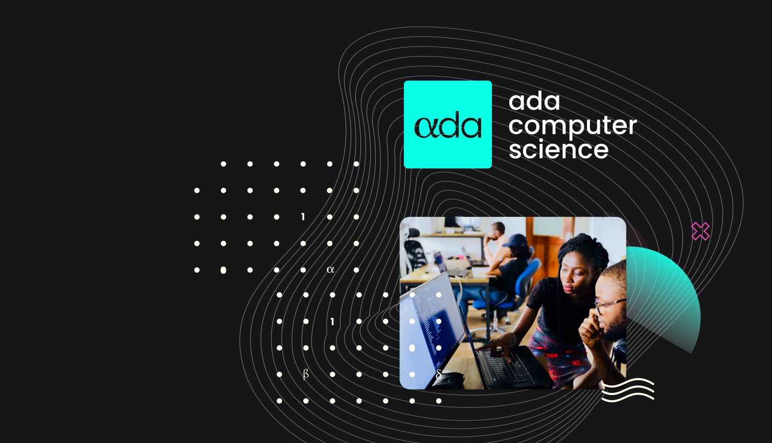 Ada computer science logo and a photo of two people using a computer
