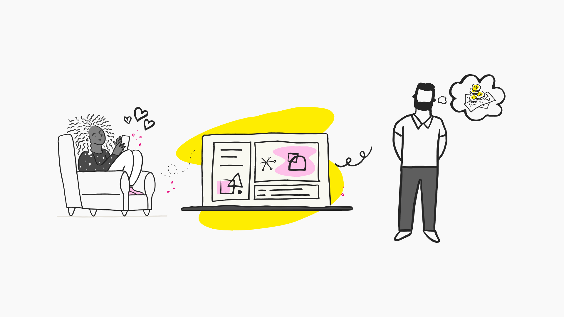Calculating Ecommerce Success: Customer Lifetime Value A whimsical illustration depicting a split scene. On the left, a relaxed person lounges in an armchair, happily using a smartphone with heart doodles floating above. The centre shows a desktop with highlighted articles and symbols representing the sharing of information. On the right, a man stands with a thought bubble.