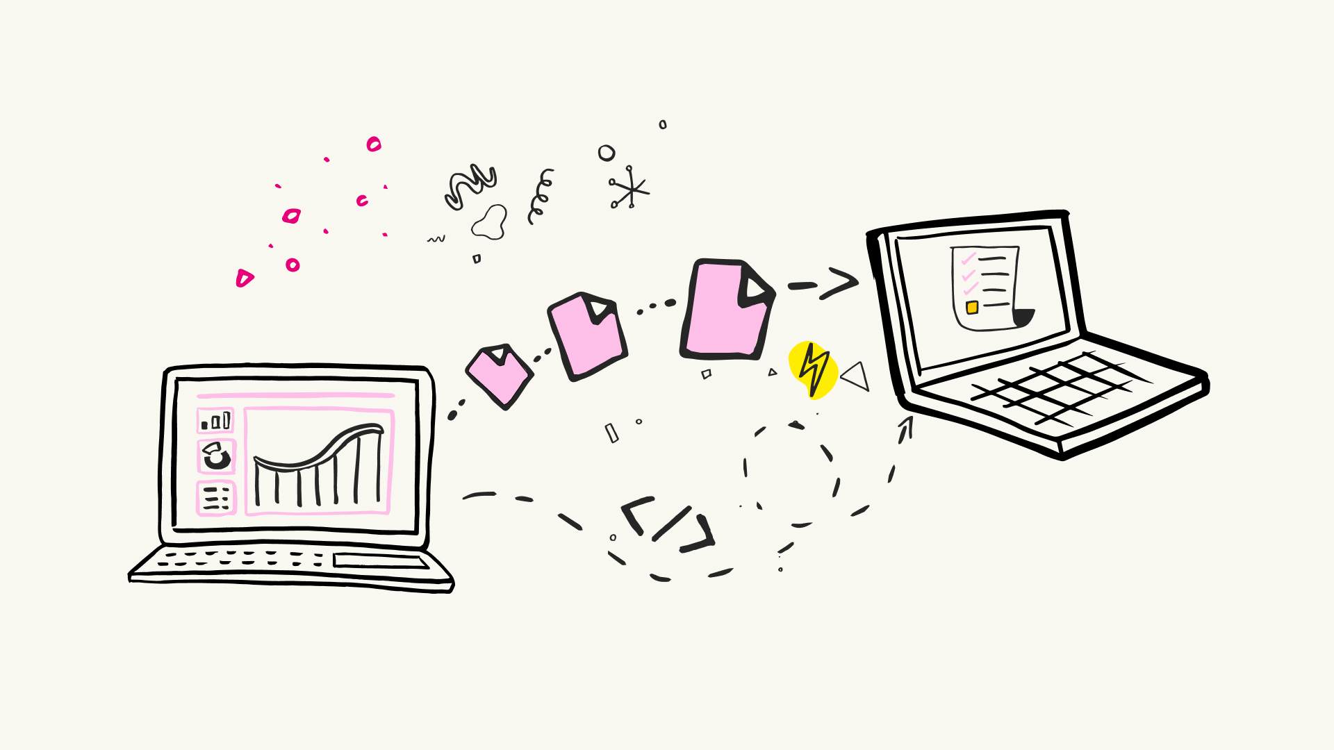 Illustration of two laptops exchanging data, with one showing a bar graph and the other a document, amid floating digital icons like folders and arrows, symbolizing data transfer or website migration.